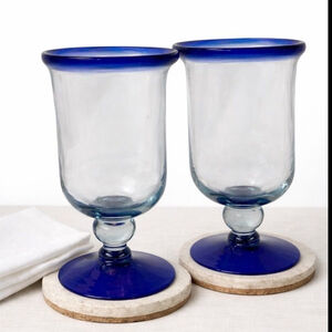 Vintage Cobalt Blue Rim Glass Goblets Set of 2 Hand Blown Glass Elegant Barware